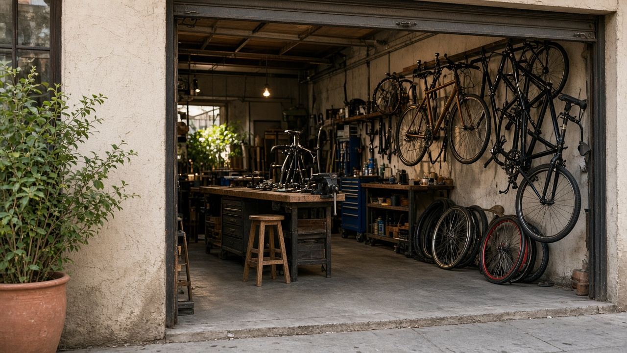 Bike repair shop workspace at Studio Lemonroot